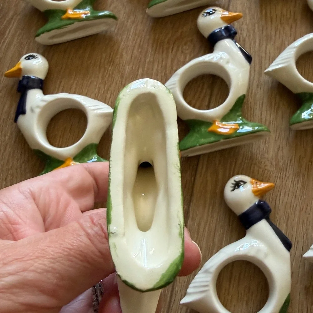 Vintage Ceramic Goose Napkin Rings Set of 9 White Blue Bow Farmhouse Decor